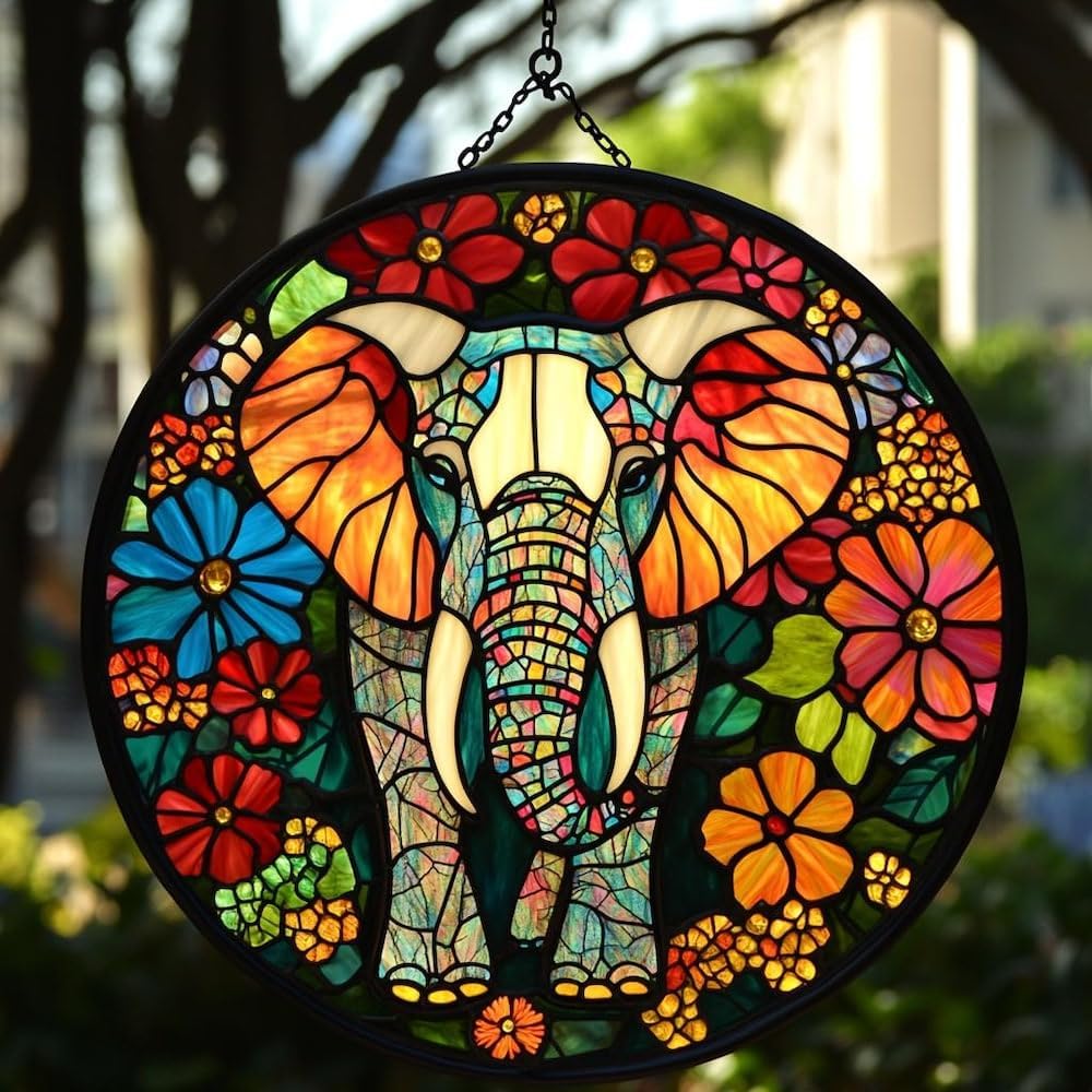 Floral Elephant Acrylic Suncatcher Window Hanging Faux Stained Glass Nature Lover Mom Gift