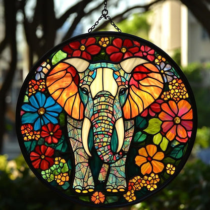 Floral Elephant Acrylic Suncatcher Window Hanging Faux Stained Glass Nature Lover Mom Gift