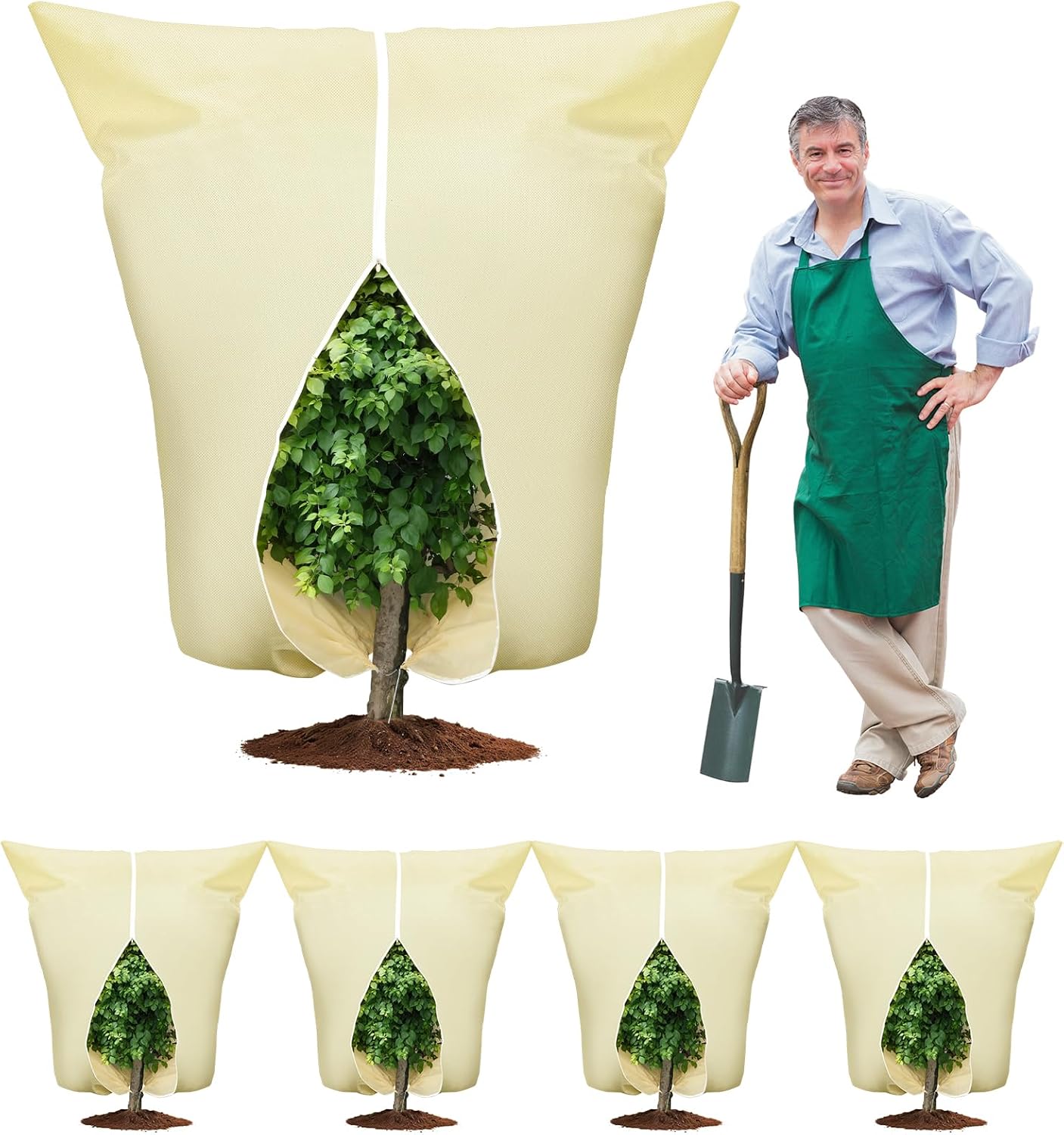 Plant Covers Freeze Protection: 4 Pack 90Hx75W Inch Large Heavy Duty Frost Cloth with Zipper Drawstring, 2.2oz/yd² Frost Blankets for Outdoor Plants, Shrub Trees, Winter & Garden, Beige