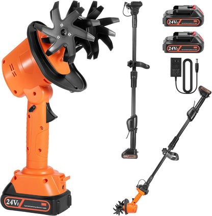 24V Cordless Mini Tiller Cultivator - Lightweight 1.5kg Rototiller, 4" Working Width, 235RPM with 4 Rows Tines for Effortless Gardening - Includes 2x1.5Ah Batteries & Charger