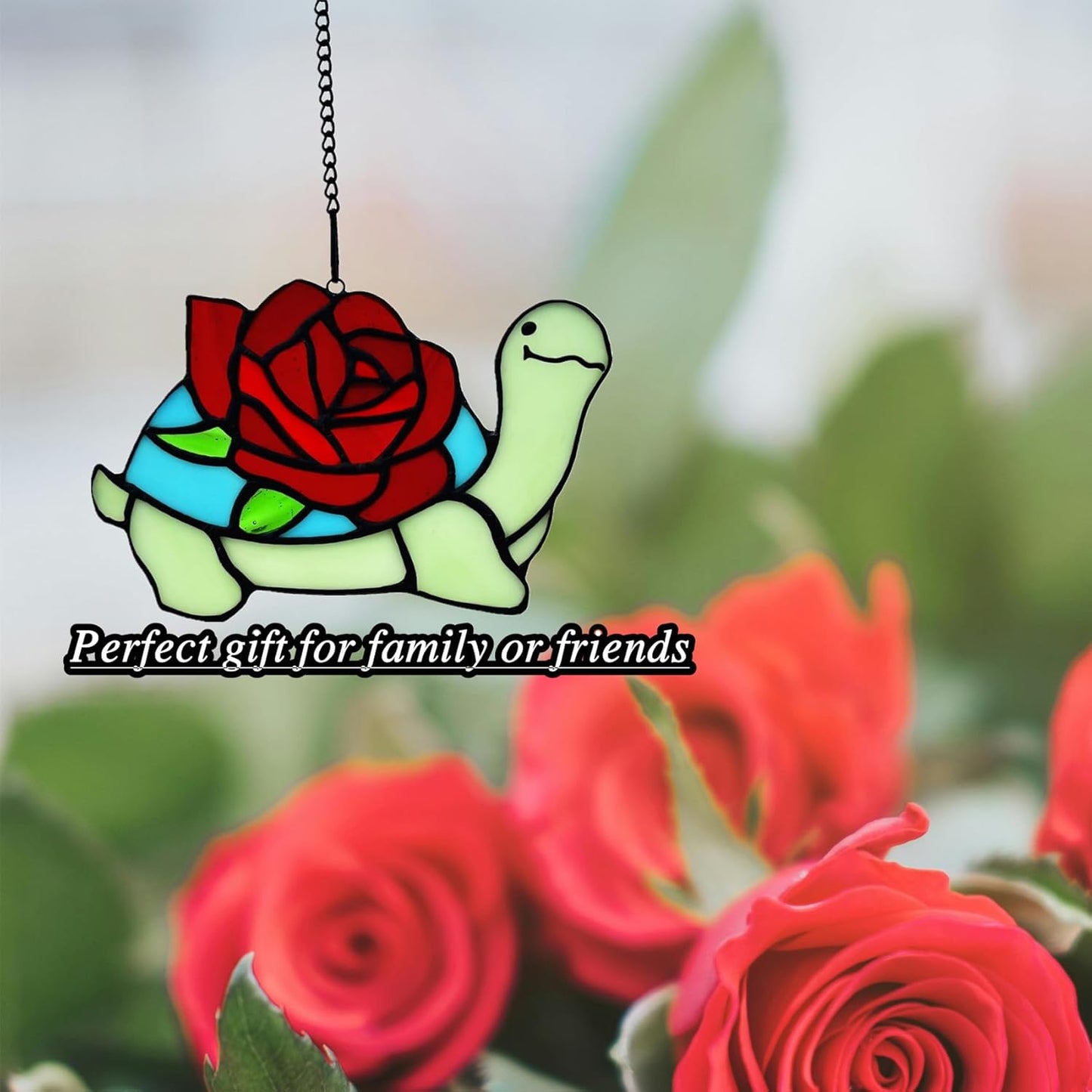 Stained Glass Turtle with Rose Birthday Gifts for Women, Stained Glass Window Hanging Suncatcher Ornament, Housewarming Window Decor Gifts for Mom, Turtle Lovers