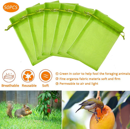 50PCS Fruit Protection Bags,7x5'' Green Netting Bags for Fruit Trees, Garden Fruit Cover Mesh Bags with Drawstring for Plant Fruit Flower and Vegetables