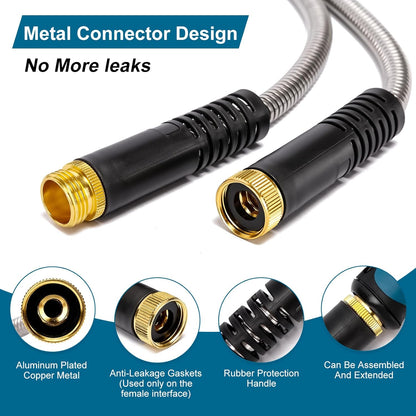 Metal Garden Hose 50 FT, Stainless Steel Hose, Water Hose with 10 Function Nozzle, No Kink & Tangle, Easy to Use & Store, Heavy Duty Lightweight Outdoor Hose