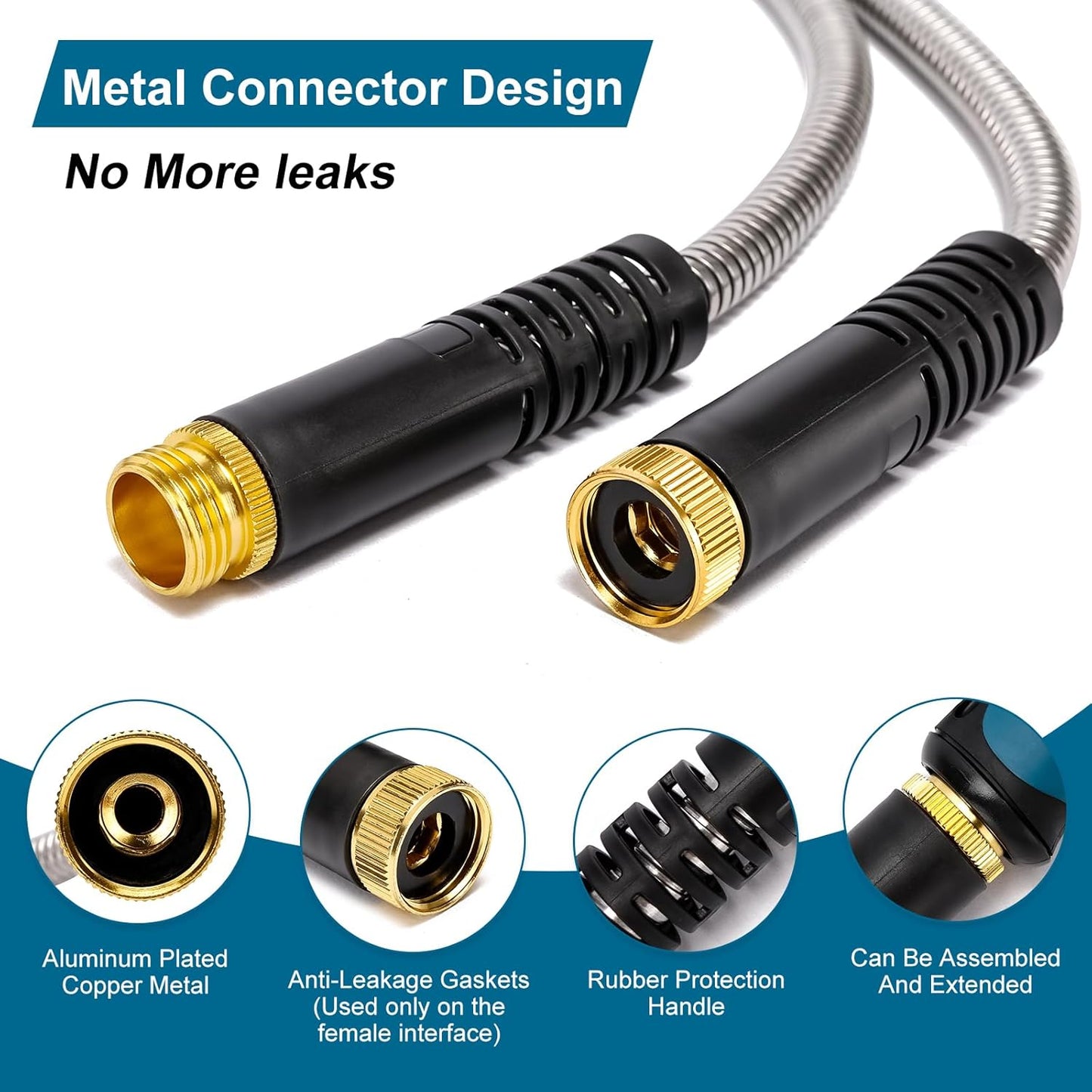 Metal Garden Hose 100 FT, Stainless Steel Hose, Water Hose with 10 Function Nozzle, No Kink & Tangle, Easy to Use & Store, Heavy Duty Lightweight Outdoor Hose