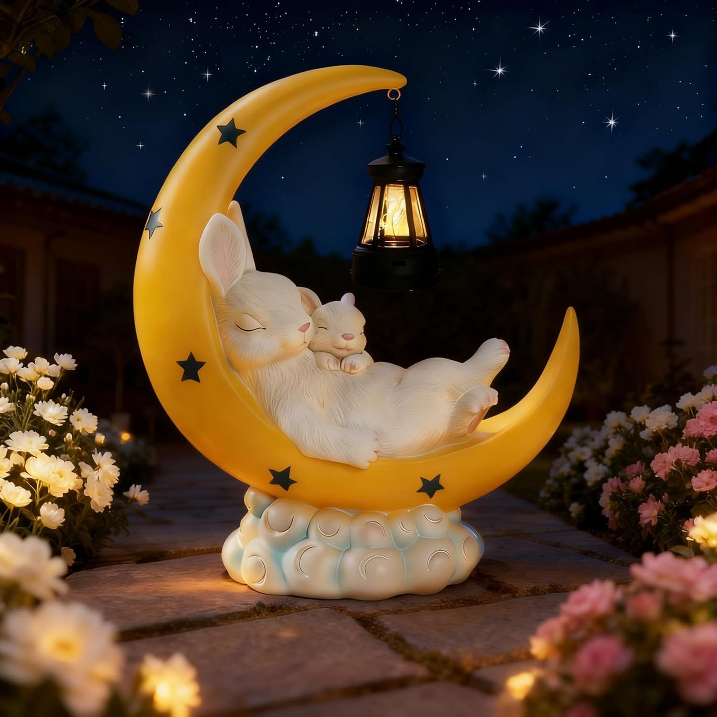 Solar Rabbit Garden Statues, Outdoor Bunny Decor, Resin Rabbit Figurine Lying on the Moon Cuddling a Baby Bunny with LED Lights for Porch Patio Lawn Yard Easter Housewarming Gardening Gifts for Mom