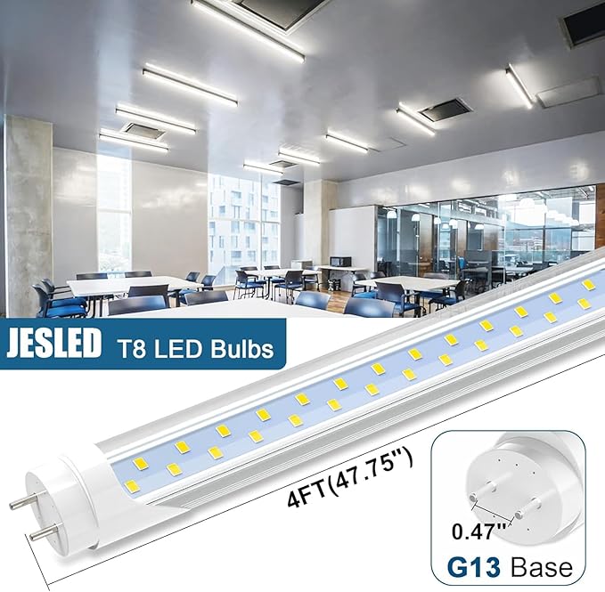 JESLED 4FT LED T8 Type A+B Tube Lights, 24W(65W Equivalent), 3200LM, 5000K, Single or Double End Powered, Plug and Play or Ballast Bypass, 4 Foot T10 T12 Fluorescent Bulbs Replacement, Clear(12-Pack)