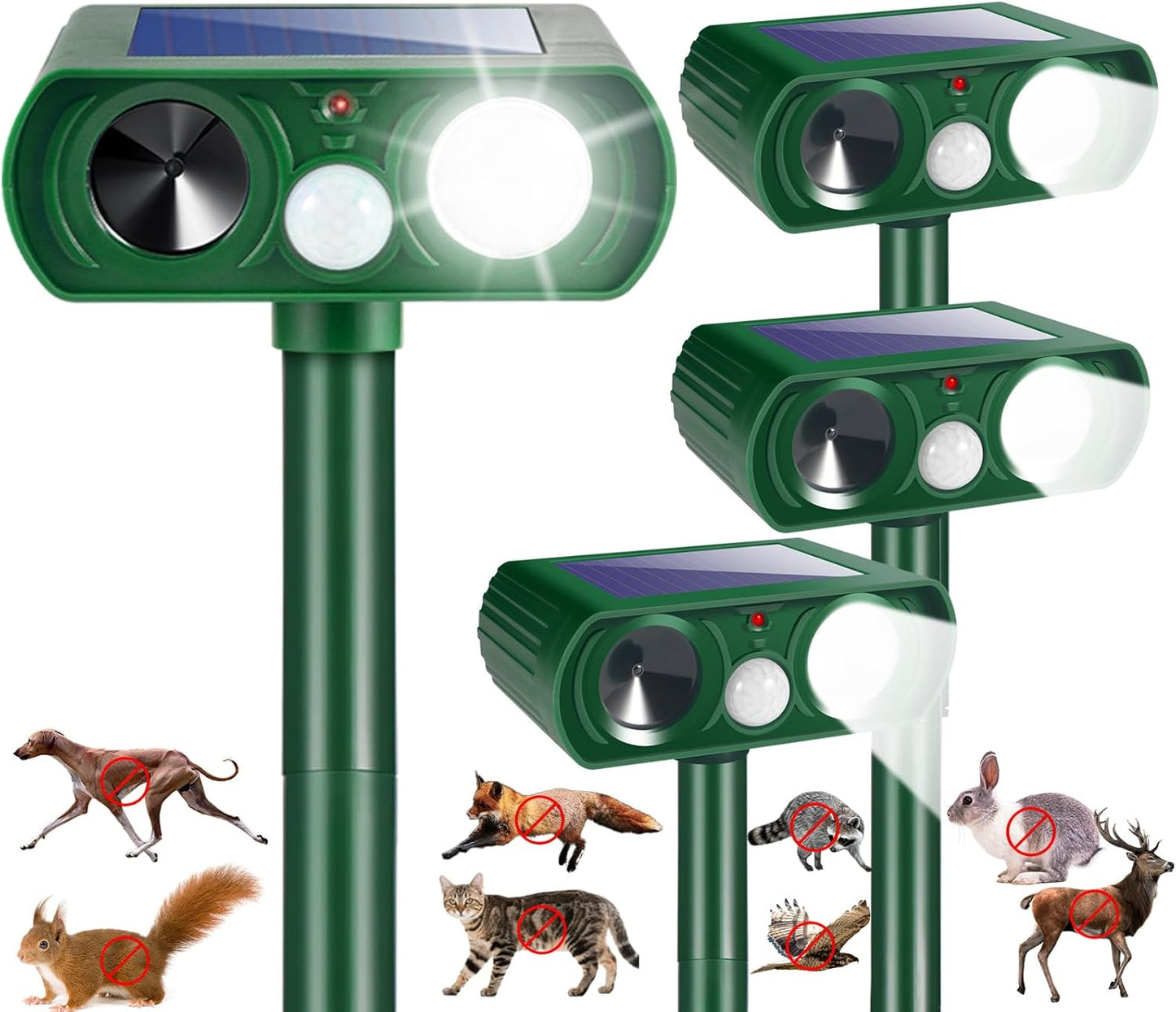 4 Pack Solar Animal Repellent Ultrasonic Outdoor Raccoon Squirrel Fortress Pro Cat Deterrent Deer Repellent with Motion Detection Strobe Light,Waterproof Repeller for Rabbit Dog Skunk for Yard