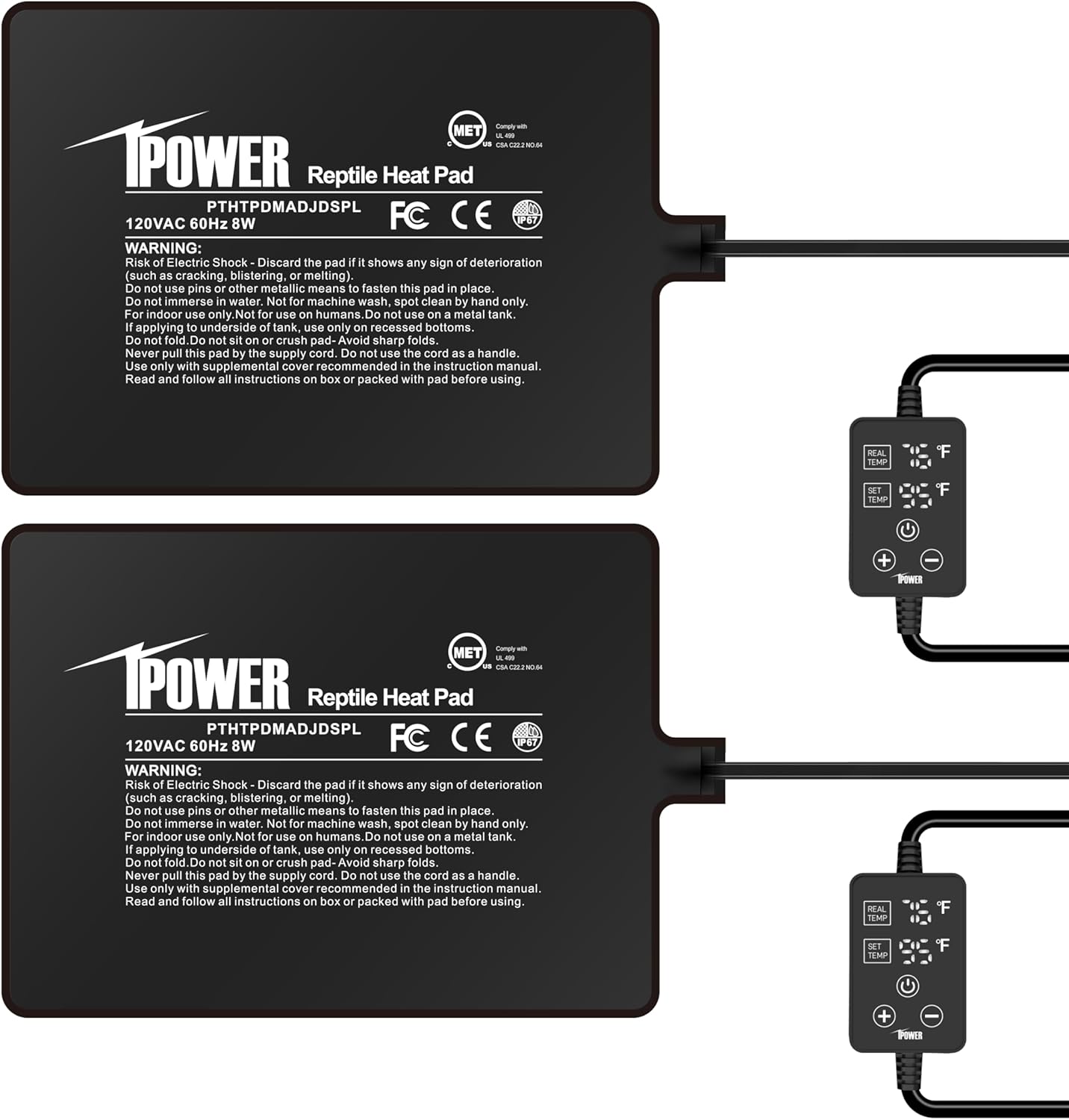 iPower 6 by 8 Inch 8W Reptile Heating Pad with Adjustable Thermostat, Under Tank Warmer Terrarium Heat Mat for Turtles/Snakes/Lizards/Frogs, 2 Pack