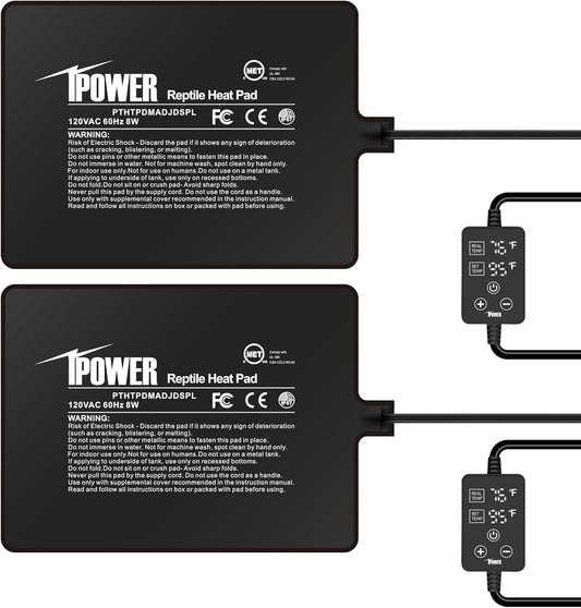 iPower 6 by 8 Inch 8W Reptile Heating Pad with Adjustable Thermostat, Under Tank Warmer Terrarium Heat Mat for Turtles/Snakes/Lizards/Frogs, 2 Pack