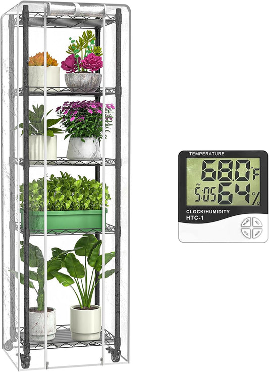 Mini 5-Tier Greenhouse for Indoor Outdoor, 15.7" L×11.8" W×62.3" H Portable Greenhouse with Clear PVC Cover and Metal Shelf for Growing Vegetables, Flowers and Seedlings, with Wheels
