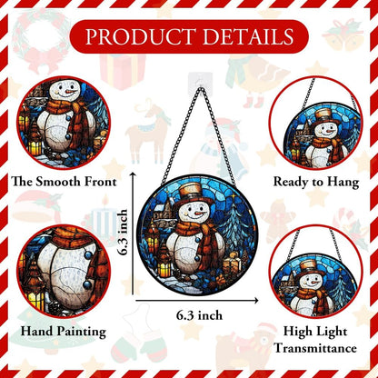 Snowman Stained Glass Window Hanging, Christmas Snowman Stained Glass Window Hanging, Snowflake Glass Ornam Decoration for Winter Holiday Party, Merry Christmas Glass Ornament Gift for Family Friend