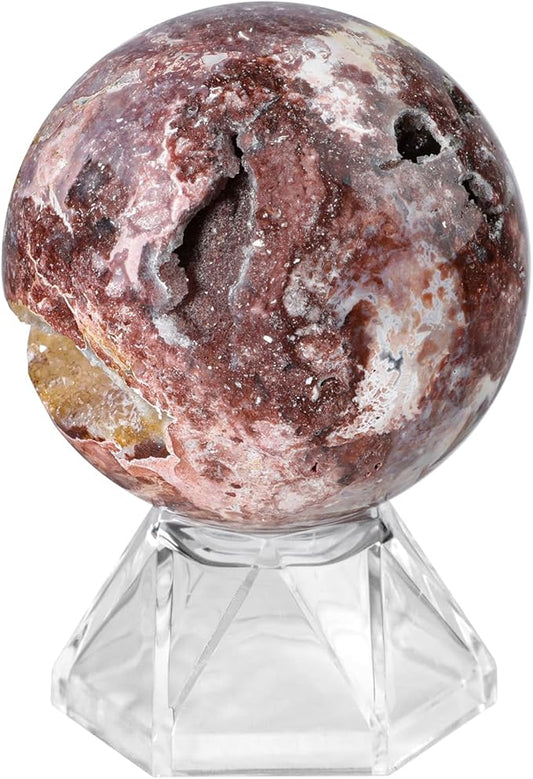 Natural Mexican Agate Crystal Ball with Acrylic Display Base, 51-60mm Polished Stone Feng Shui Crystal Sphere Meditation Decoration for Home & Office