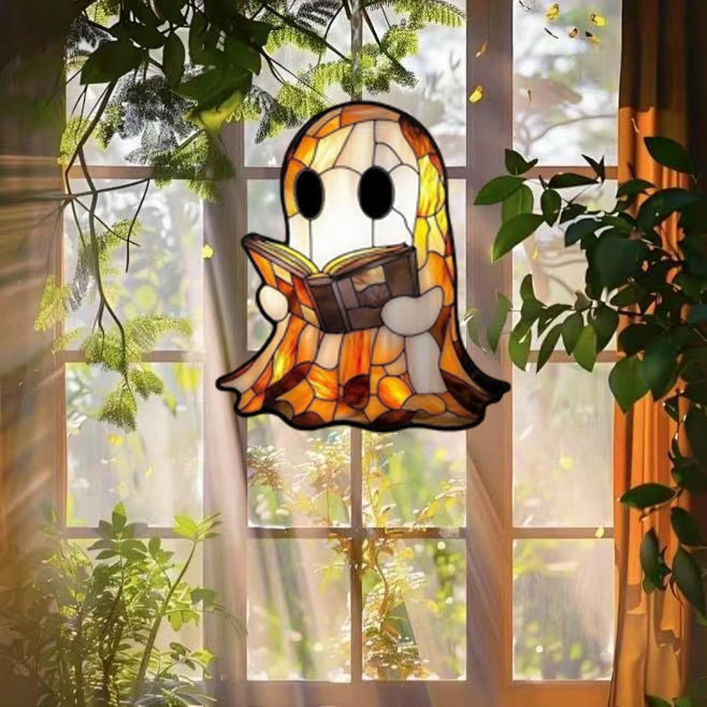 7.8inch Cute Ghost Suncatcher,Acrylic Suncatchers Reading Books Ghost Decor，Indoor Sun Catcher Windw Hanging，Halloween Stained Glass Decor for Room Family Wall Party