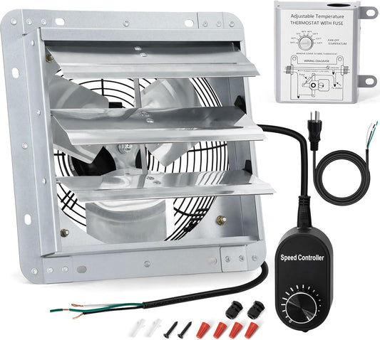 Criditpid 10 Inch Shutter Exhaust Fan, 820 CFM Attic Fan, Wall Mounted Vent Fan with Speed Controller and Thermostat for Greenhouse, Garage, Warehouse, Shed, Basement, Chicken Coop Ventilation.