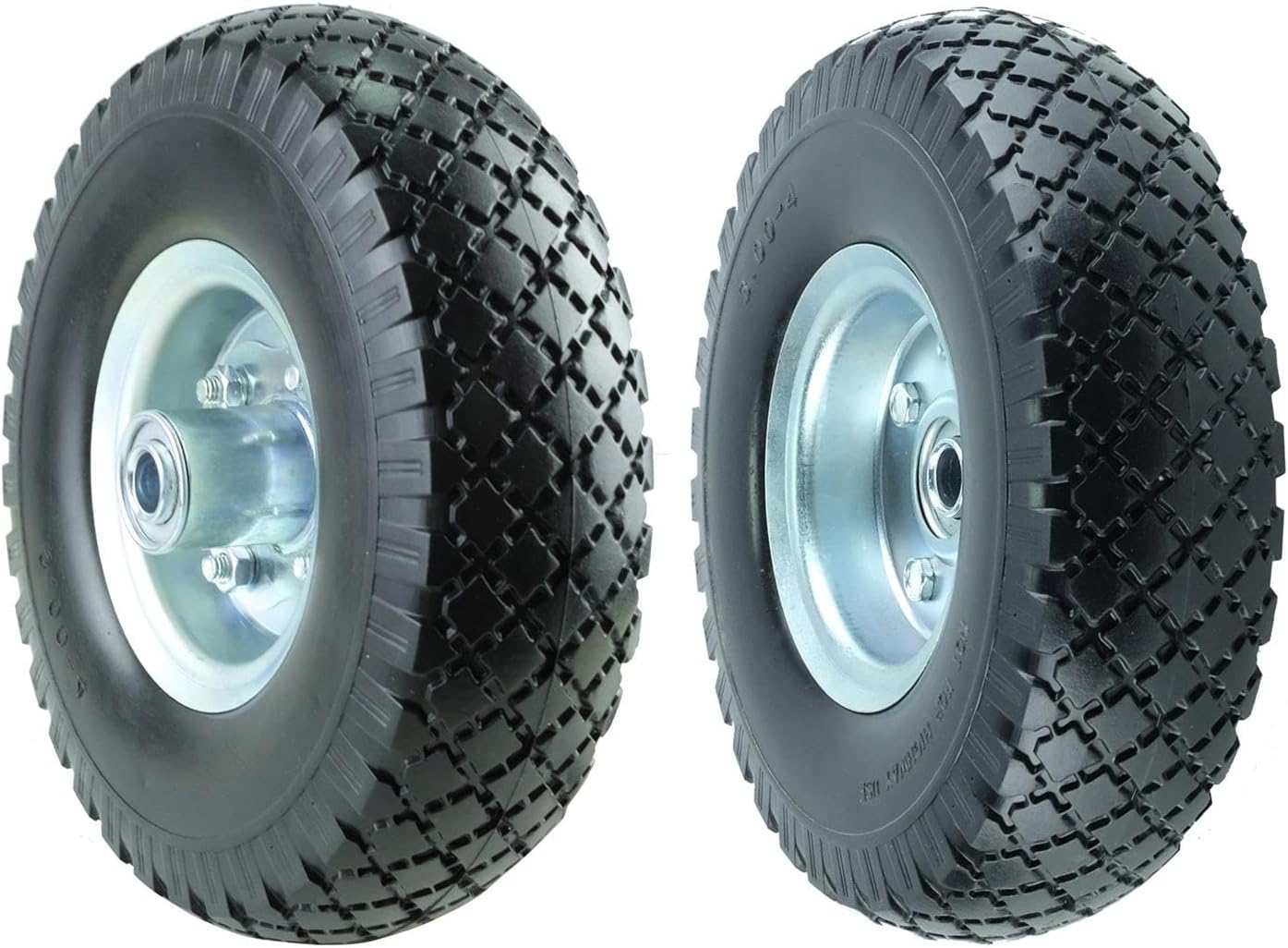 KF4003 Twin Pack 10-Inch Solid Rubber Tire Wheels Replacement 3.00-4 Tires Wheels Flat Free with 5/8" Bearings 2.15" Offset Hub Perfect for Hand Truck Wheelbarrow Garden Cart Non-Flat