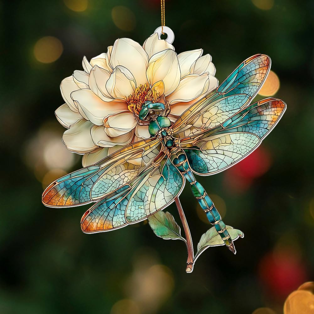 Dragonfly Ornament Stained Glass Style – Acrylic Window Hanging Suncatcher with Flower, Dragonfly Gifts for Women, Christmas Tree Ornament, Whimsical Home & Garden Décor(Sun-21)