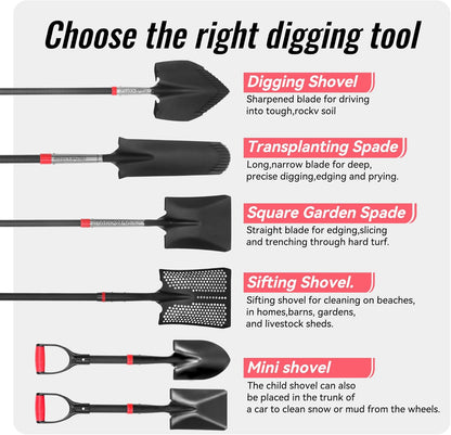 SHARK ATTACK Heavy Duty Garden Shovel 43.3 inch with D-Grip Handle, 6.3'' Serrated Steel Blade for Digging and Landscaping, Beach Shovel, Car Snow Shovel