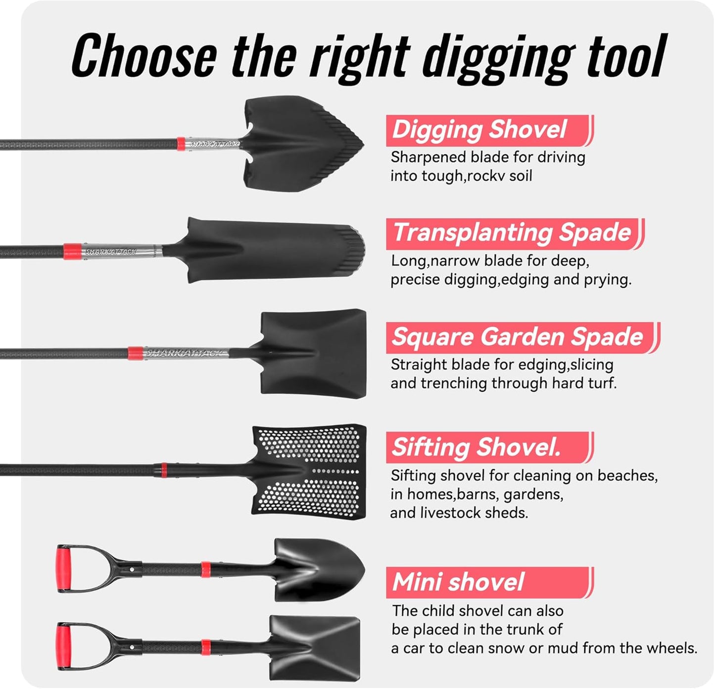 SHARK ATTACK Spade Shovel, 43in Heavy Duty Drain Spade for Digging, Ergonomic No-Slip H-Grip Handles, Oversized Steps and D Handle for Gardening, Land Management, Yard Work, Farming and Transplanting