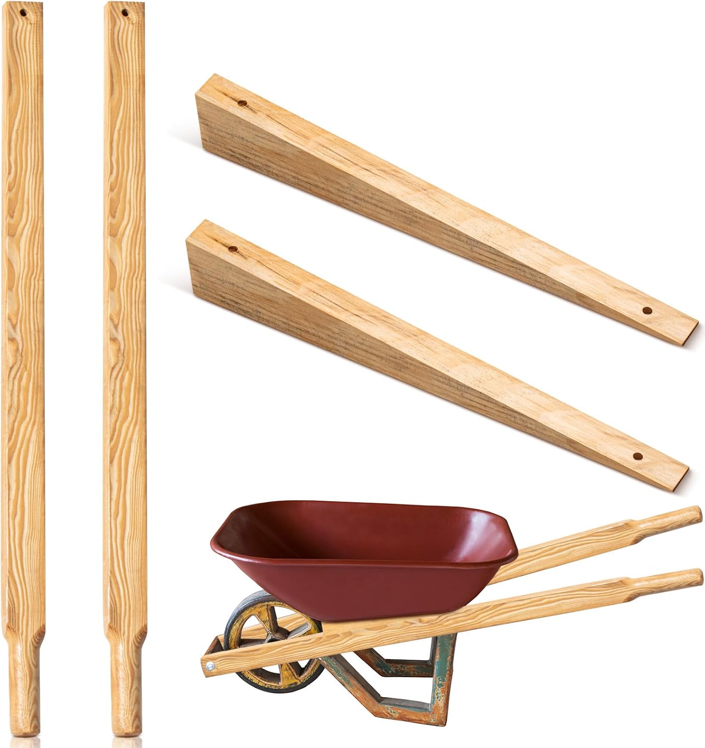 WILLBOND Wheel Barrow Handles Wood Replacement 59'' Wheelbarrow Handles Kit with 2 Wheelbarrow Wedge Heavy Duty Wood with Tough Seal Coat and Pre Drilled Holes for Wheelbarrows, Easy Install