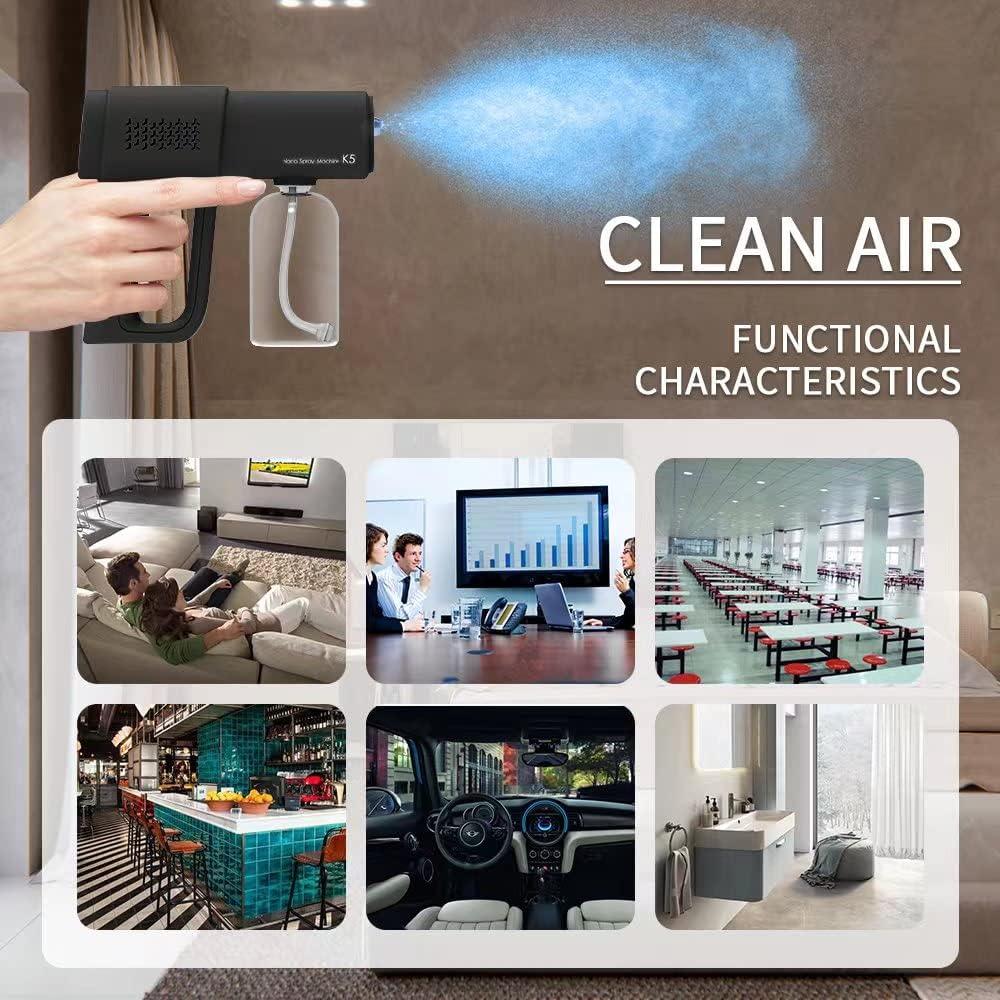 Disinfectant Sprayer Professional Disinfectant Fogger Machine, 380ml Wireless Nano Sprayer Gun Handheld Sanitizer Fogger, Blue Light Foggers for Touchless Sanitization (Black)