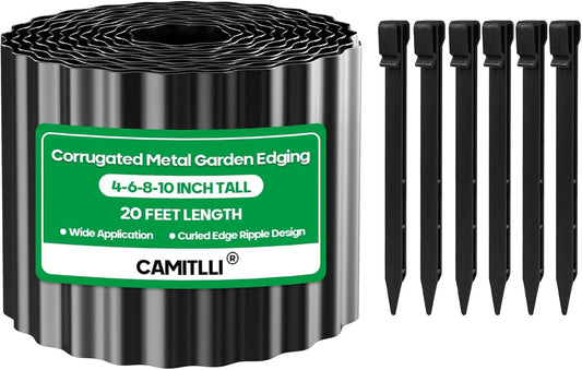 Corrugated Metal Garden Edging,Sturdy Tall Landscape Edging Borders with 6pcs Anchor Stakes, Perfect DIY for Flower Beds, Lawn and Pathway,Tree Surrounds,Paver Edges (Black 8"×20FT)
