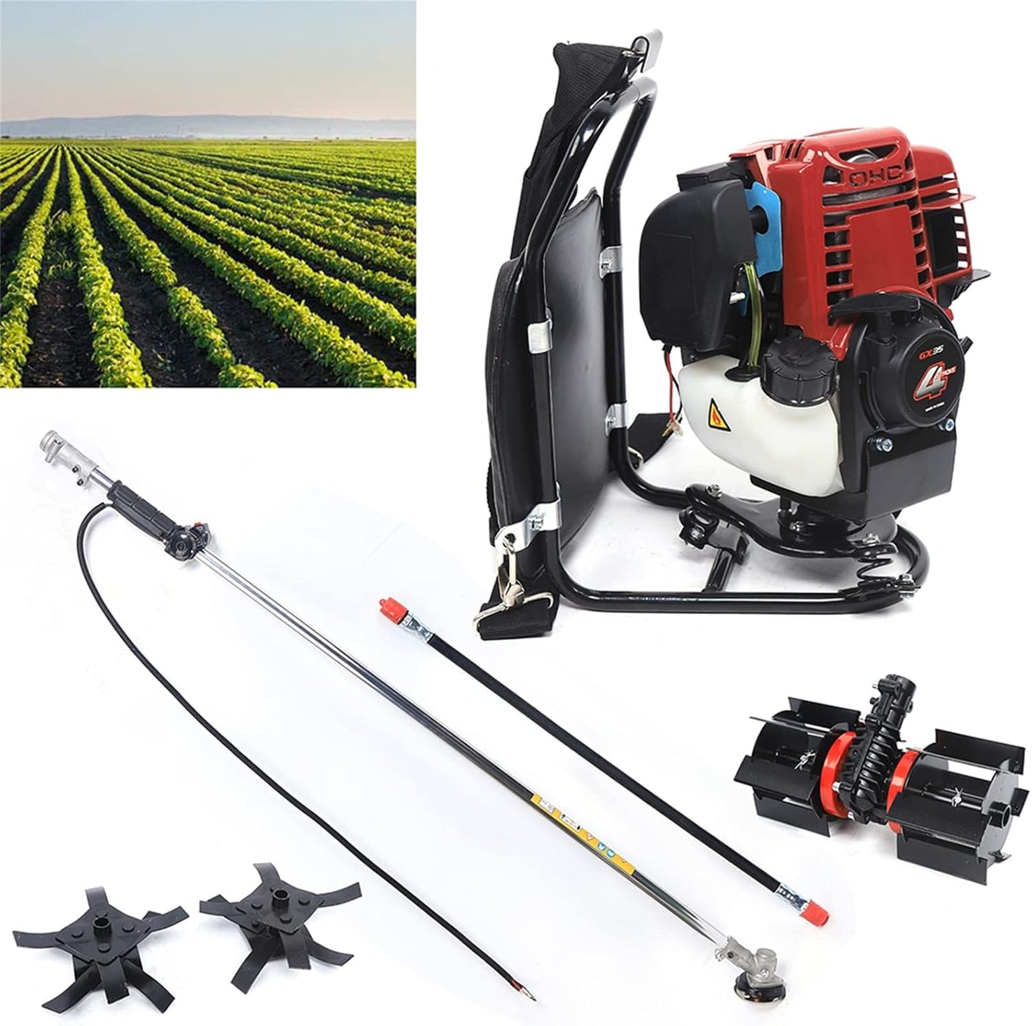 3 in 1 Multi-Function Tiller Cultivator 35.4CC 4 Stroke Backpack Brush Cutter,Gas Powered Hedge Trimmer Air-Cooled Single Cylinder Digging Tool for Garden, Yard and Farm Remove Weeds Soil Cultivation