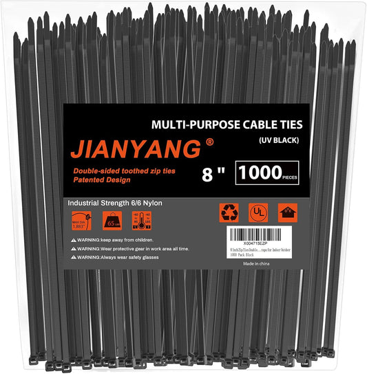 8 Inch Zip Ties Double Sided Toothed (Bulk 1000 Pack Black),65lbs Tensile Strength Heavy Duty Cable
