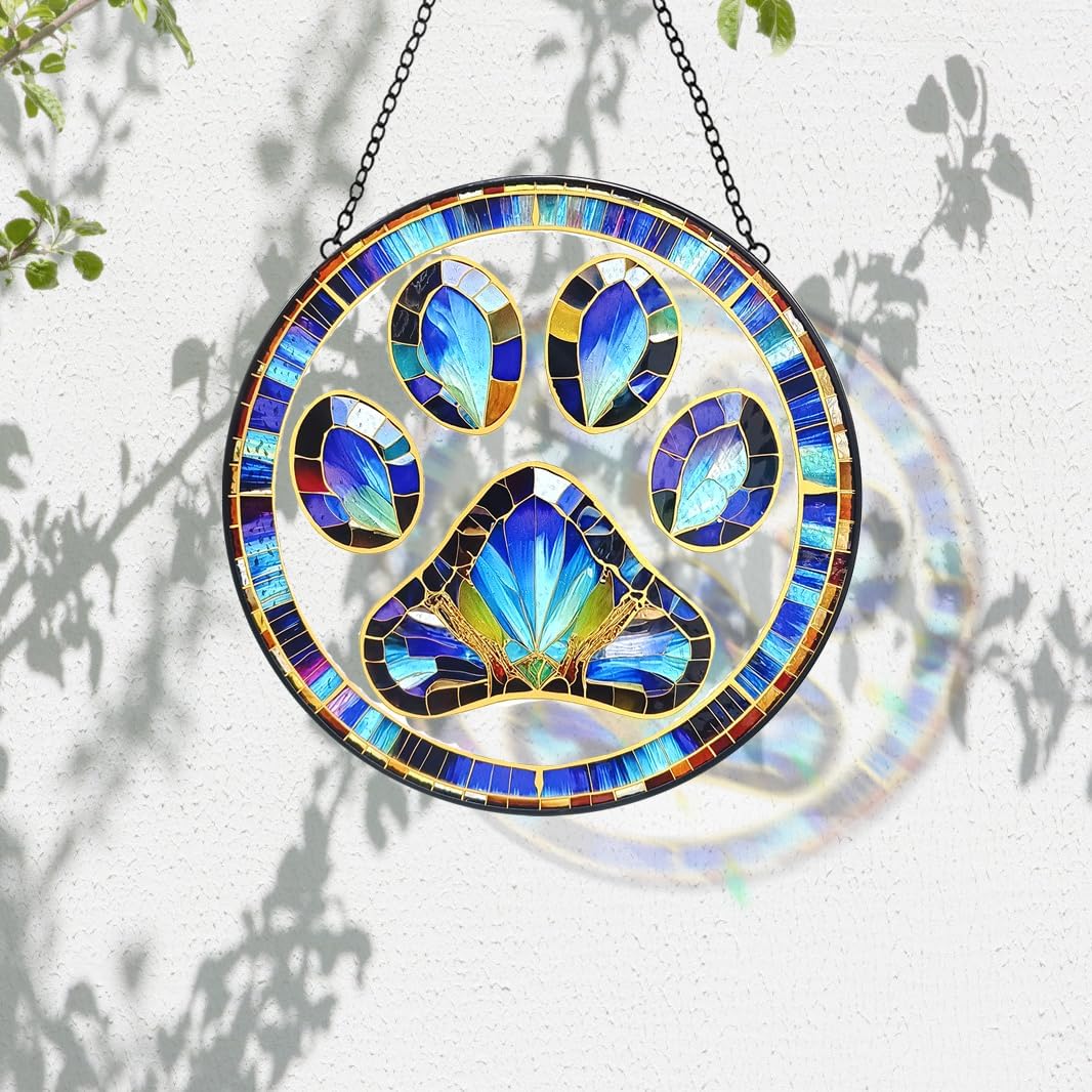 Dog Cat Paw Print Suncatcher Stained Glass Window Hanging - Handmade Stained Glass Panel Suncatchers for Windows Hanging - Sun Catchers Indoor Window Decor Memorial Catcher Remembrance Birthday Gift