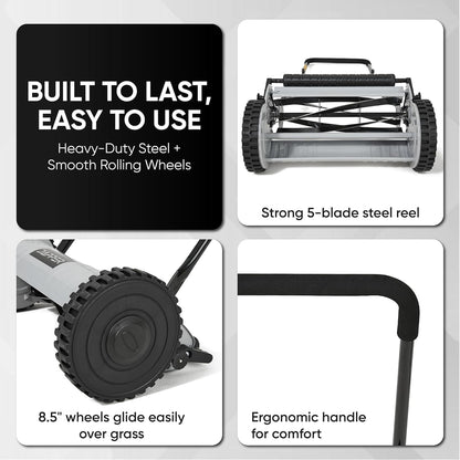 16" Push Reel Lawn Mower – Manual 5-Blade Hand Mower with Adjustable 3-Position Cutting Height (0.5"–1.75") – Lightweight, Eco-Friendly, Steel Blades – 2-Year Warranty