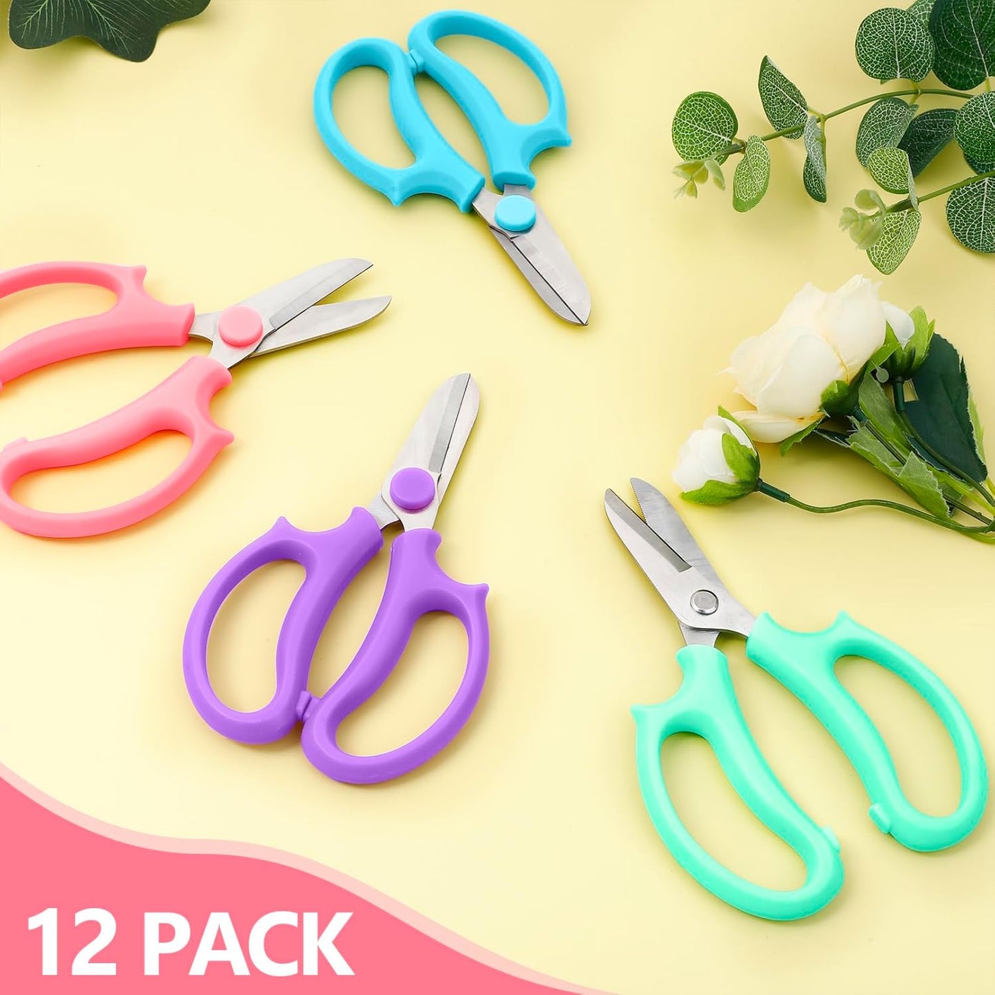 12 Pcs Flower Scissors, Stainless Steel Floral Shear, Premium Garden Pruning Shears, Sharp Garden Scissors, Flower Shears for Fresh Flowers Gardening (Blue, Green, Pink, Violet)