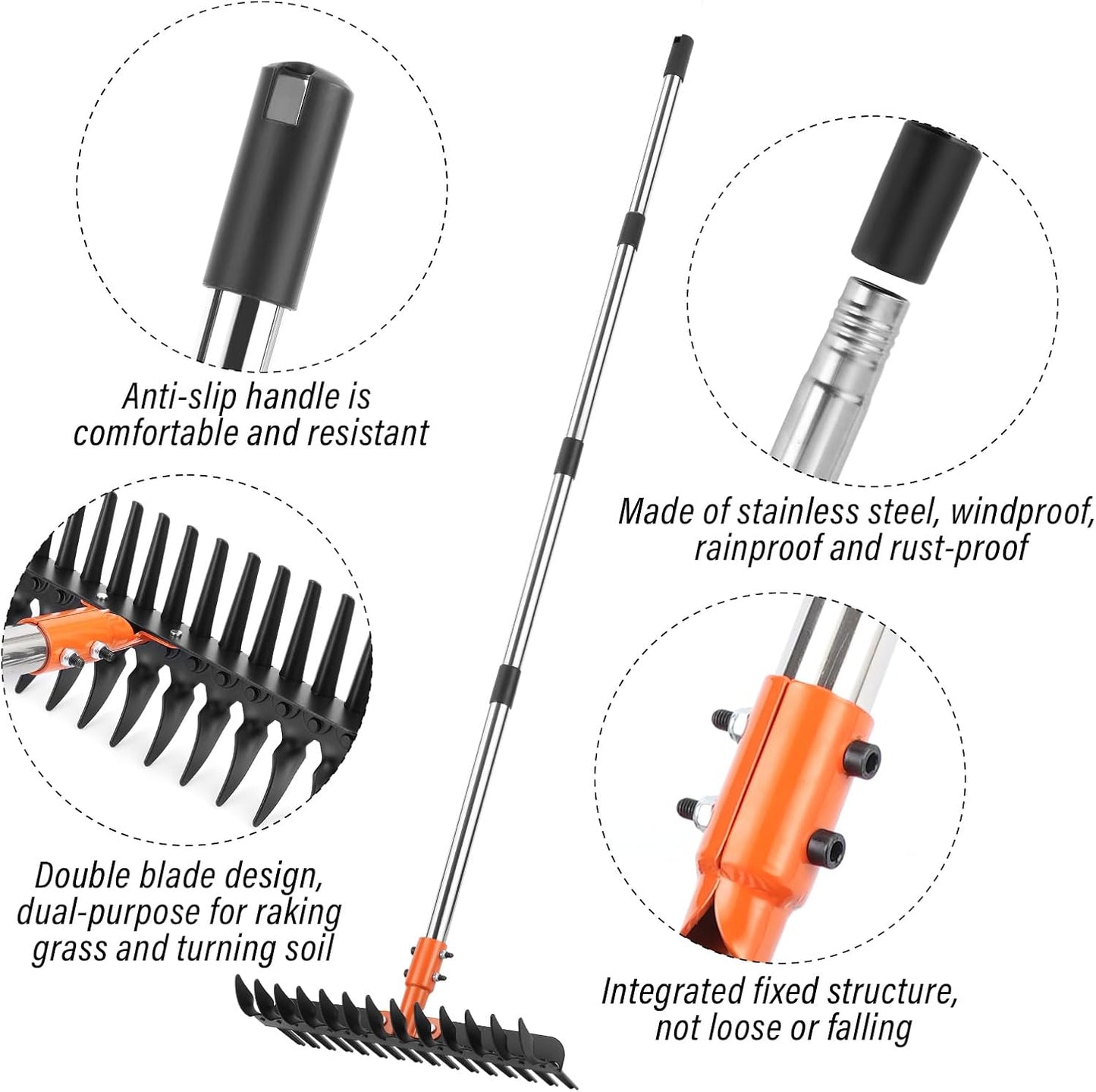 Garden Thatch Rake for Lawn, Heavy Duty Metal Thatching rake with Strong Handle, Wide 15inch Iron Dethatcher Rakes for Yard Leaf & Weed Clean, Soil Loose, Grass Groom