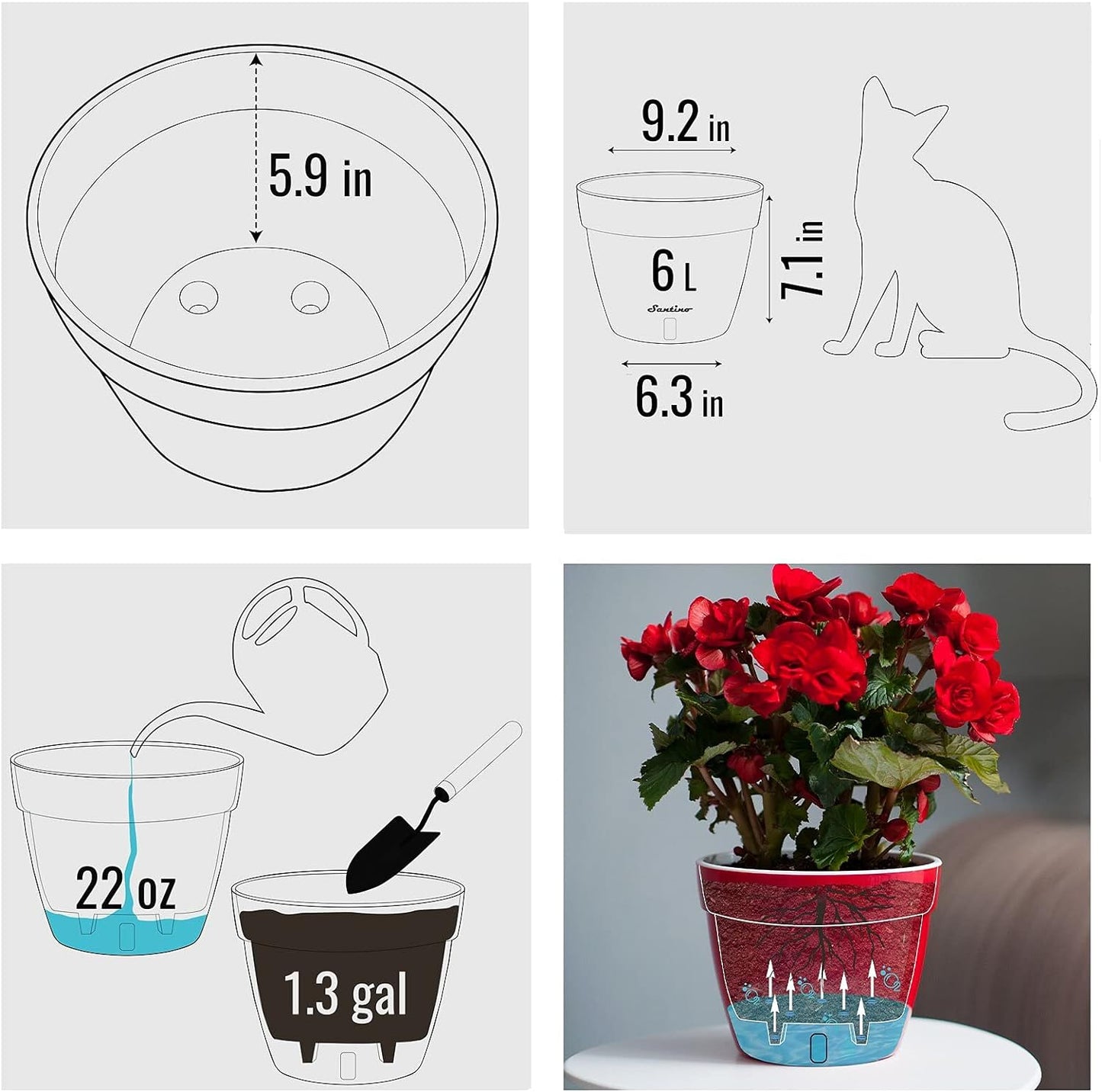 Santino ASTI 9.2 Inch Self Watering Planter Shade/White for Indoor Plants - Premium Quality Modern Plastic Planter Pot w/Water Level Indicator for All House Herbs, Plants, African Violets and Dahlias