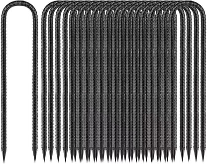 Ground-Stakes-Heavy-Duty-12 inch, U-Hook Rebar Stakes Black Coated Anti-Rust 16pcs Garden Stakes Metal Ground Anchors for Garden Dog Fence Chicken Coop Christmas Decorations Deer Fence