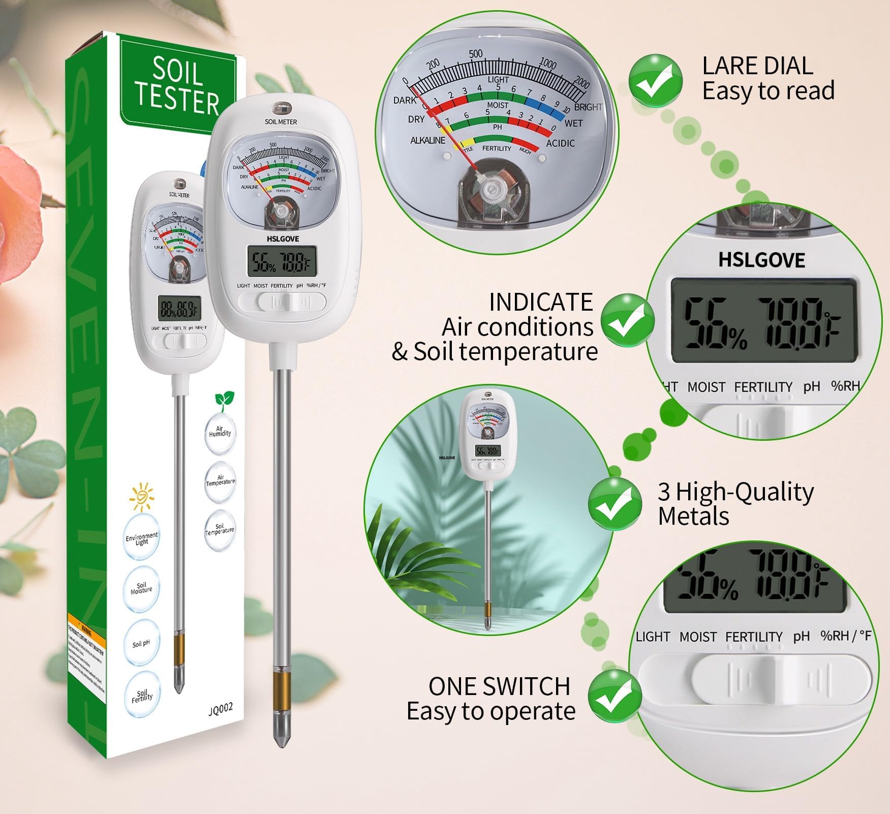 HSLGOVE Soil Test Kit, 7-in-One Soil Moisture Meter/Soil PH Meter/Fertility, Dual Screen Soil