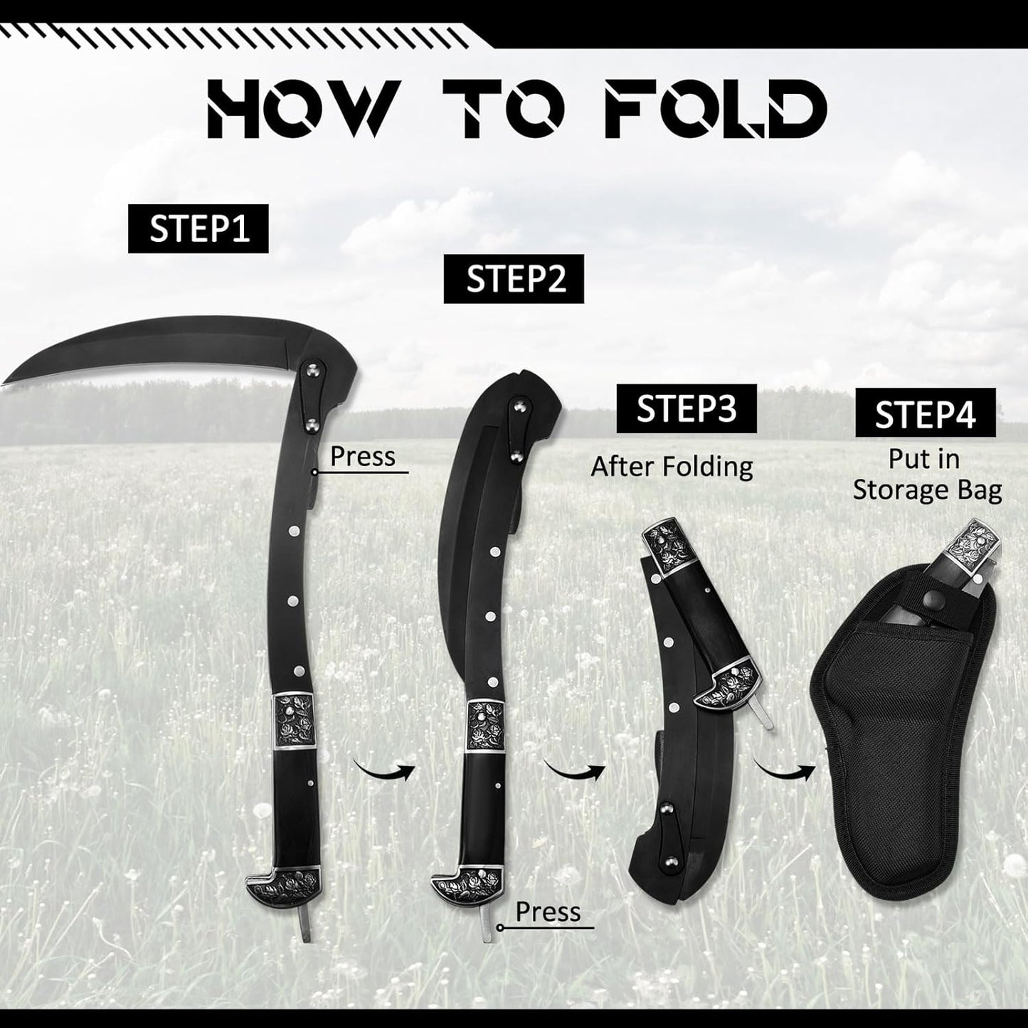 WILLBOND Black Sharp Folding Sickle Garden Tool Portable Safety Grass Hand Sickle Knife with Sheath Wooden Handle 2 Sections for Gardening Farming Lawn Grass Weeds Hand Tools