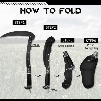 WILLBOND Black Sharp Folding Sickle Garden Tool Portable Safety Grass Hand Sickle Knife with Sheath Wooden Handle 2 Sections for Gardening Farming Lawn Grass Weeds Hand Tools
