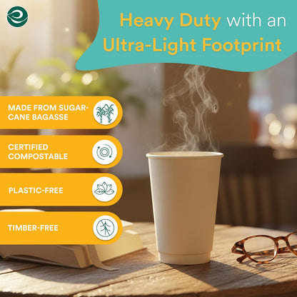 ECO SOUL 100% Compostable Plant-Based Hot Cups | 16oz, 12oz, 8oz | Disposable Bagasse Paper Cups | Eco-friendly Cups | Sturdy, Microwave & Oven Safe (200, 8oz)