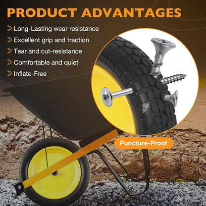 HQPASFY 2 Pack 16" Flat Free Tire 4.80/4.00-8 Wheelbarrow Tire and Wheel, 3" Centered Hub, 5/8" & 3/4" Bearings Replacement for Wheelbarrows, Garden Carts, Dump Carts, Lawn Equipment