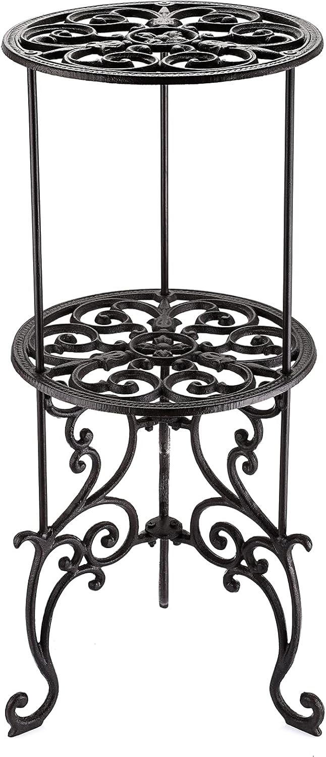 OwnMy Heavy Duty 2 Tiers Cast Iron Plant Stand, Vintage Iron Flower Pot Holder, 2 Layers Tall Decorative Potted Plants Stand Rack, Indoor Outdoor Large Plant Holder for Garden Patio, Retro-Brown