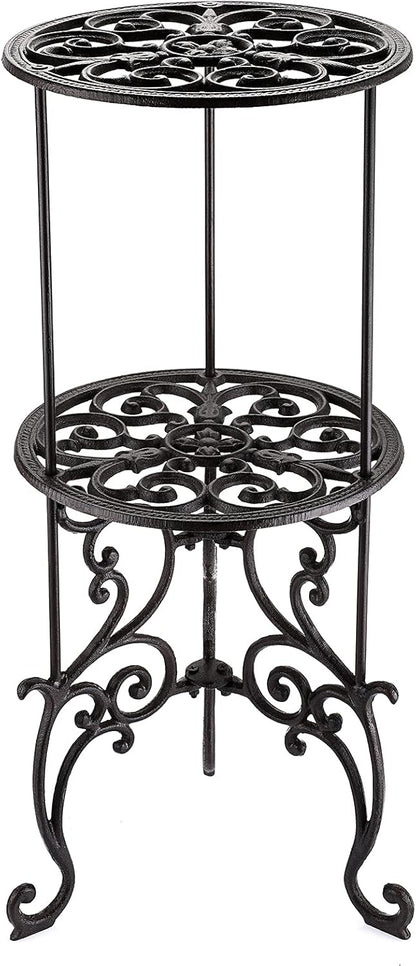 OwnMy Heavy Duty 2 Tiers Cast Iron Plant Stand, Vintage Iron Flower Pot Holder, 2 Layers Tall Decorative Potted Plants Stand Rack, Indoor Outdoor Large Plant Holder for Garden Patio, Retro-Brown