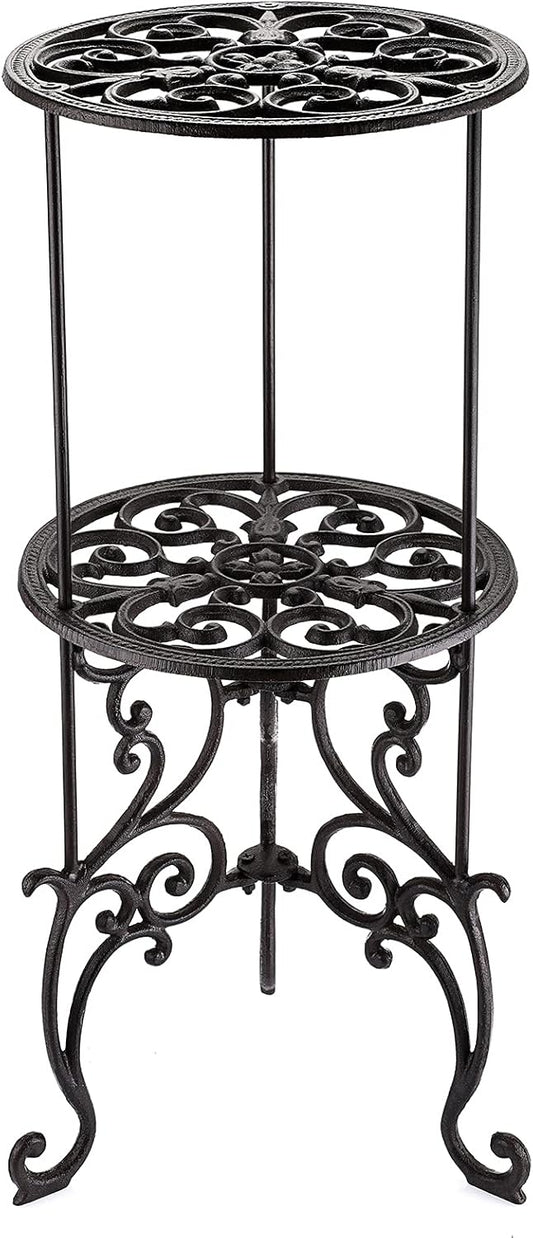OwnMy Heavy Duty 2 Tiers Cast Iron Plant Stand, Vintage Iron Flower Pot Holder, 2 Layers Tall Decorative Potted Plants Stand Rack, Indoor Outdoor Large Plant Holder for Garden Patio, Retro-Brown