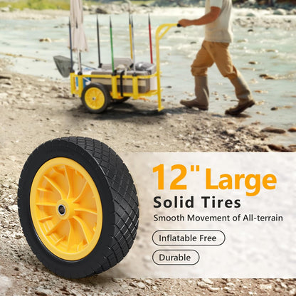 Bonnlo Beach Fishing Cart, Beach Wagon Trolley with 12" Big No-Flat Airless Tires, Foldable Beach Trailer with Large 36" x 16" Cargo Basket, 250 lbs Load Capacity, 7 Fishing Rods Holder