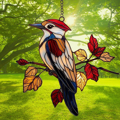 Red Woodpecker Acrylic Suncatcher Stained Glass Effect Window Car Hanging Christmas Ornament Indoor Outdoor Decor Garden Sun Catcher Panel for Acrylic Suncatcher Lover for Women Mom Grandma