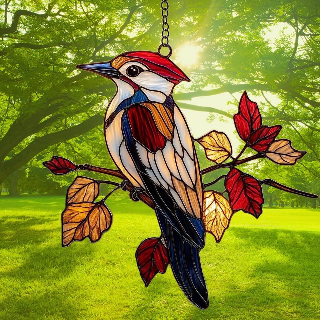 Red Woodpecker Acrylic Suncatcher Stained Glass Effect Window Car Hanging Christmas Ornament Indoor Outdoor Decor Garden Sun Catcher Panel for Acrylic Suncatcher Lover for Women Mom Grandma