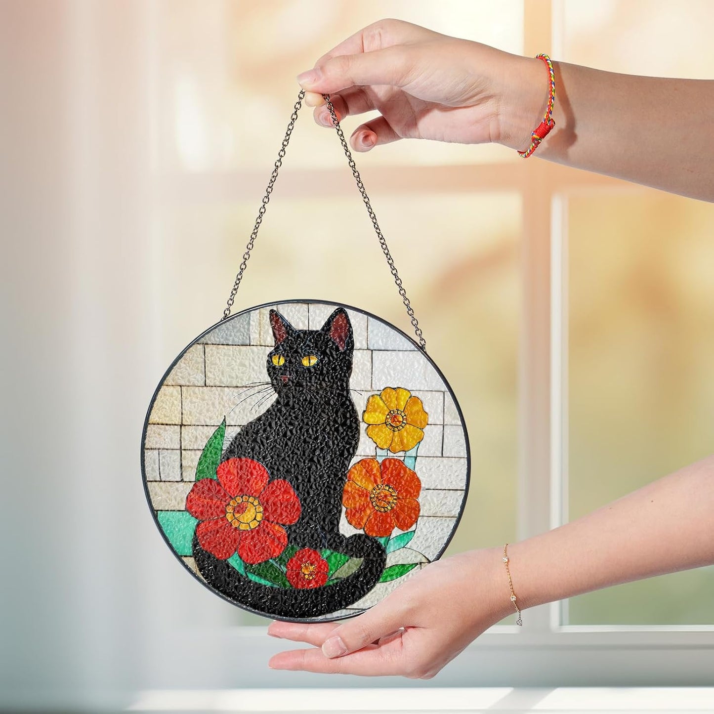 7.8" Black Cat Stained Suncatchers Art Glass Cats Flowers for Sun Catcher Indoor Window Gifts for Pet Animal Nature Floral Lovers Women Grandma Mom Friend Painted Glass Panel Décor PET-01D-SG8