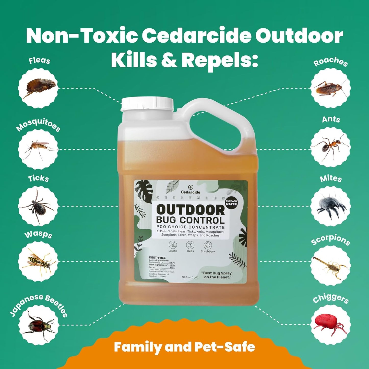 Cedarcide Outdoor Bug Spray | Kills & Repels Mosquitoes, Ticks, Fleas, Mites & More with Natural Essential Oils | Family & Pet-Safe | PCO Choice | Gallon