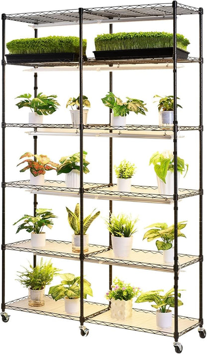 VEVOR Plant Shelf with Grow Light, 6-Tier Double-Row Plant Stand, 71in Tall Indoor Plants Display Rack with Wheels & Timer, 200W Full Spectrum Grow Lights, Metal Flower Pot Holder for Seed Starting