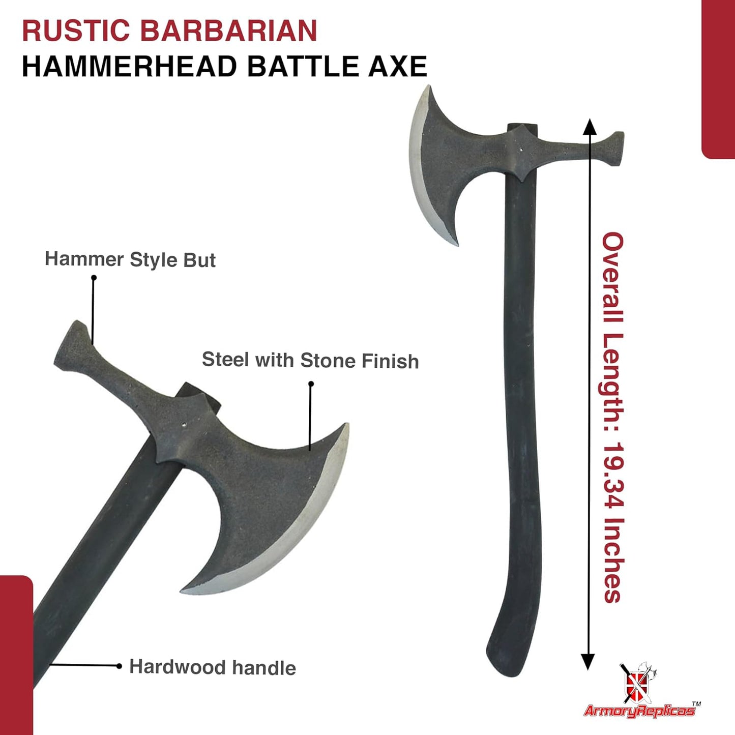 Armory Replicas™ Rustic Barbarian Hammerhead Battle Axe – 22.5" Steel Blade with Stone Finish & Wooden Handle – Versatile Tool for Camping, Outdoor Tasks