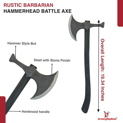 Armory Replicas™ Rustic Barbarian Hammerhead Battle Axe – 22.5" Steel Blade with Stone Finish & Wooden Handle – Versatile Tool for Camping, Outdoor Tasks