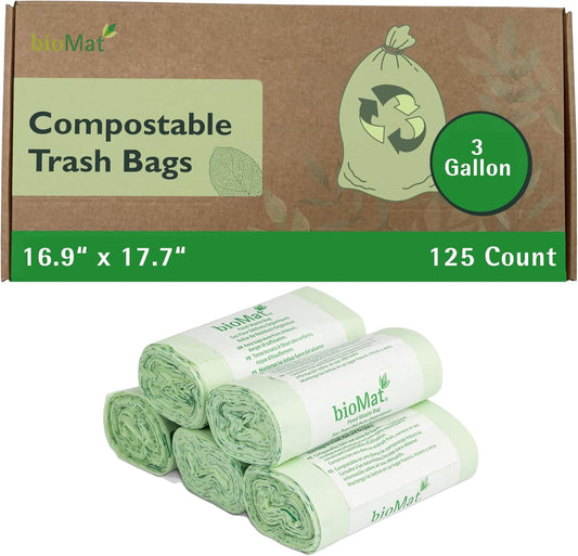 bioMat 3 Gallon Compost Bags, 125 Count, Compostable Trash Bags for Kitchen Compost Bin, BPI ASTM